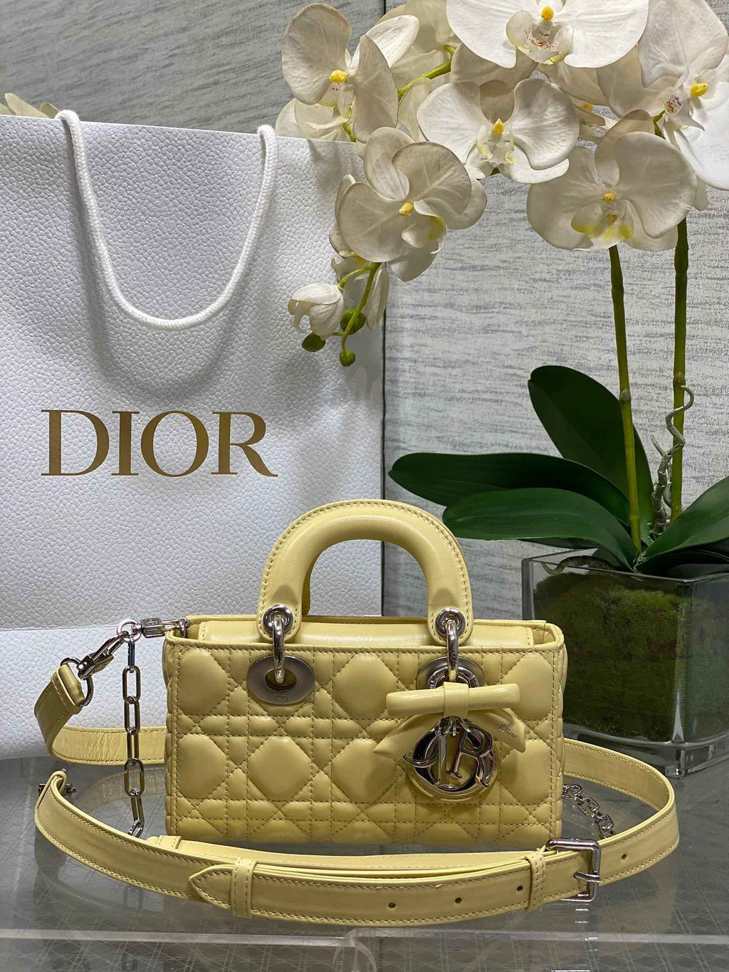 Dior Mini Lady D-Joy Bag - M0636 - Yellow Cannage Lambskin with silver hardware - Default Title - View 1