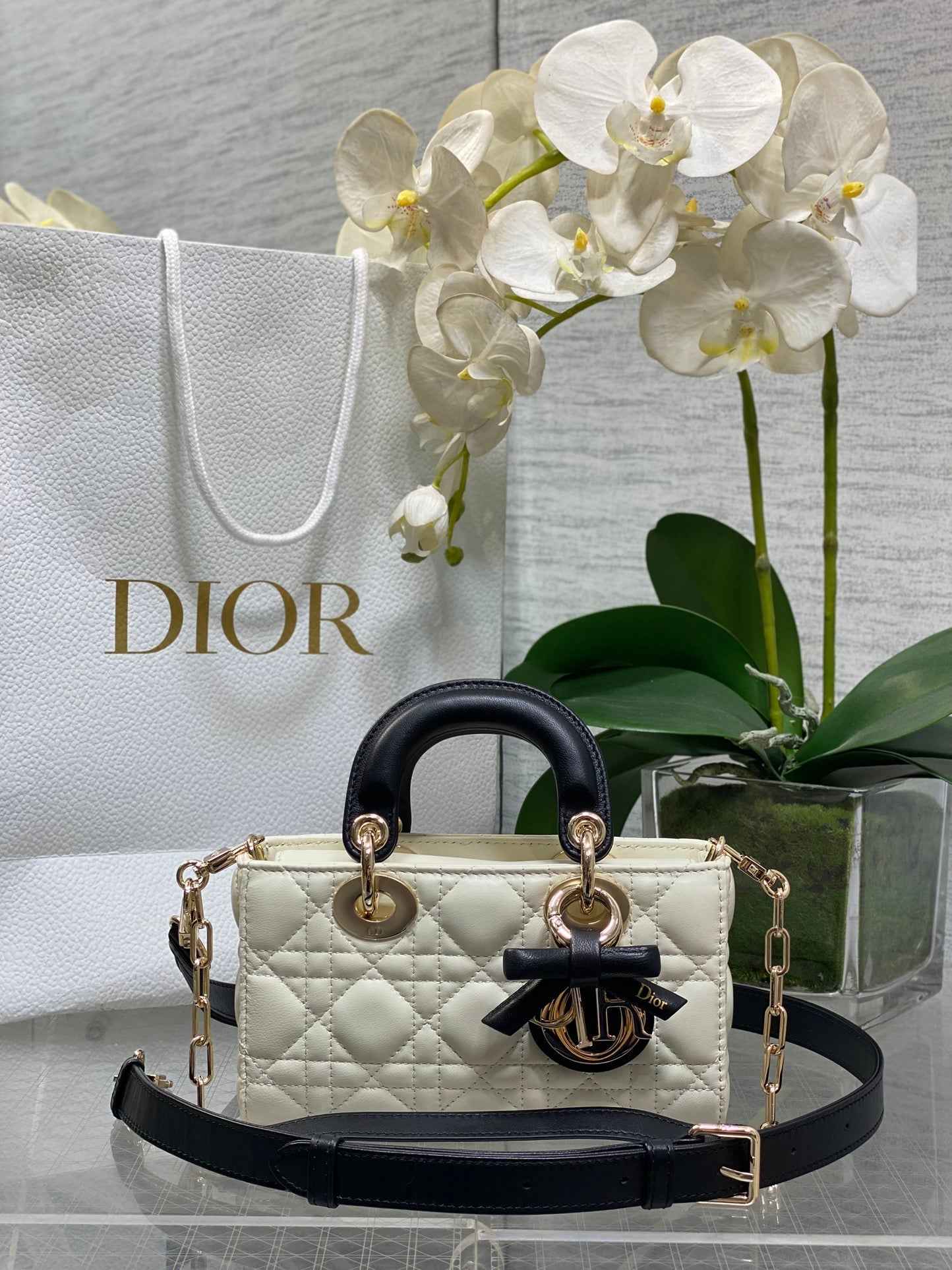Dior Mini Lady D-Joy Bag - M0636 - White with Black Cannage Lambskin - Default Title - View 1