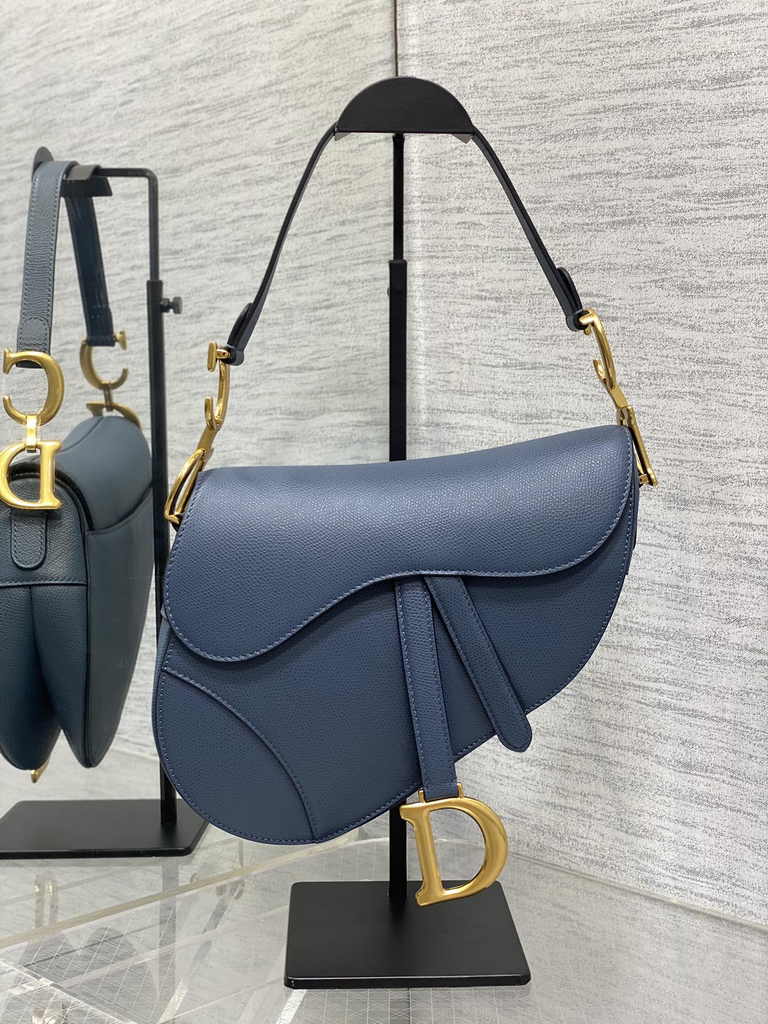Dior Saddle Bag with Strap M0455 Blue Grained Calfskin