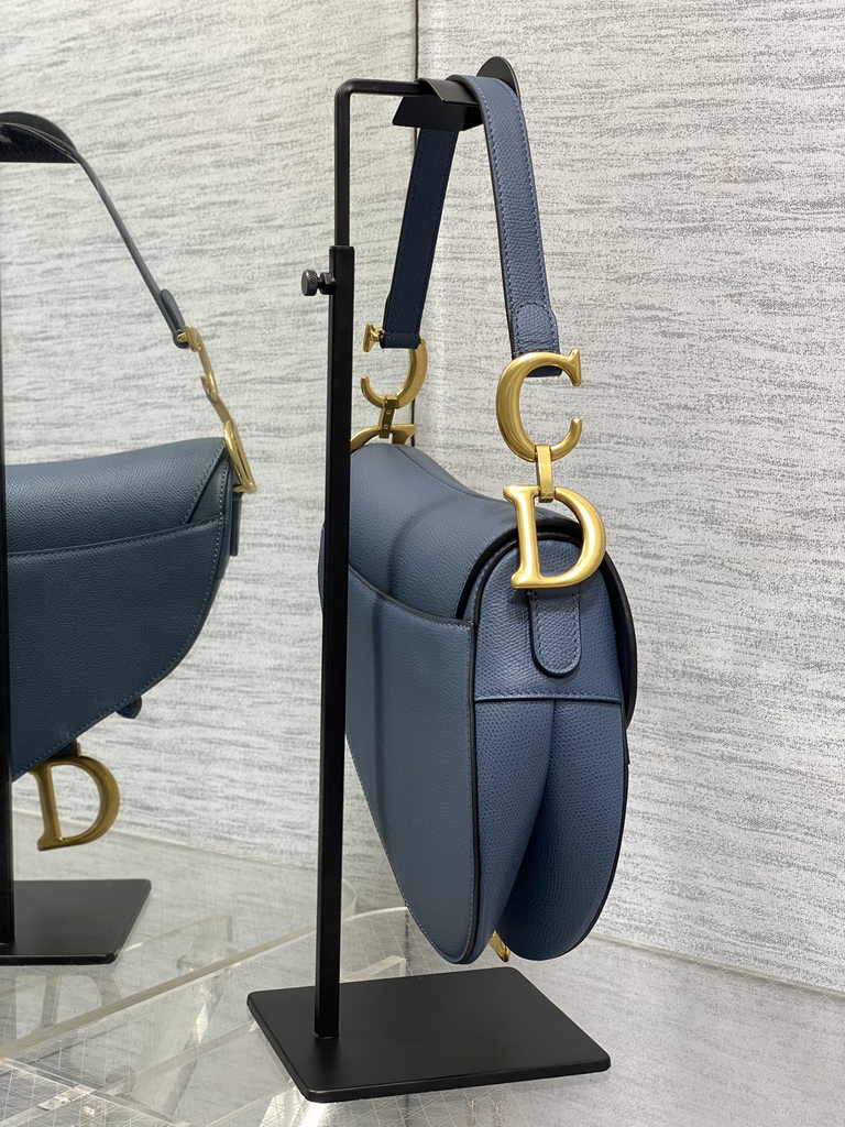 Dior Saddle Bag with Strap M0455 Blue Grained Calfskin