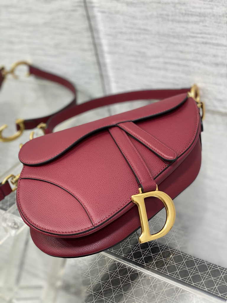 Dior Saddle Bag with Strap M0455 Red Grained Calfskin