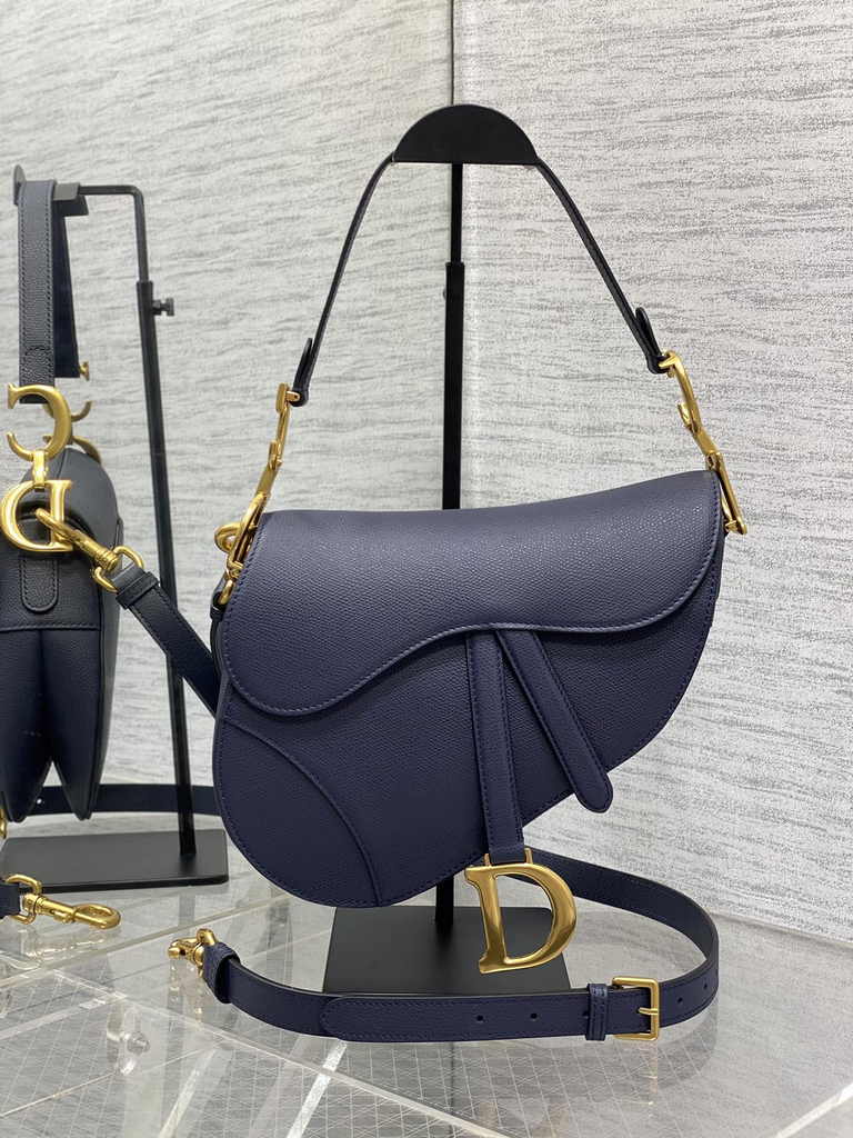 Dior Saddle Bag with Strap M0455 Navy Blue Grained Calfskin