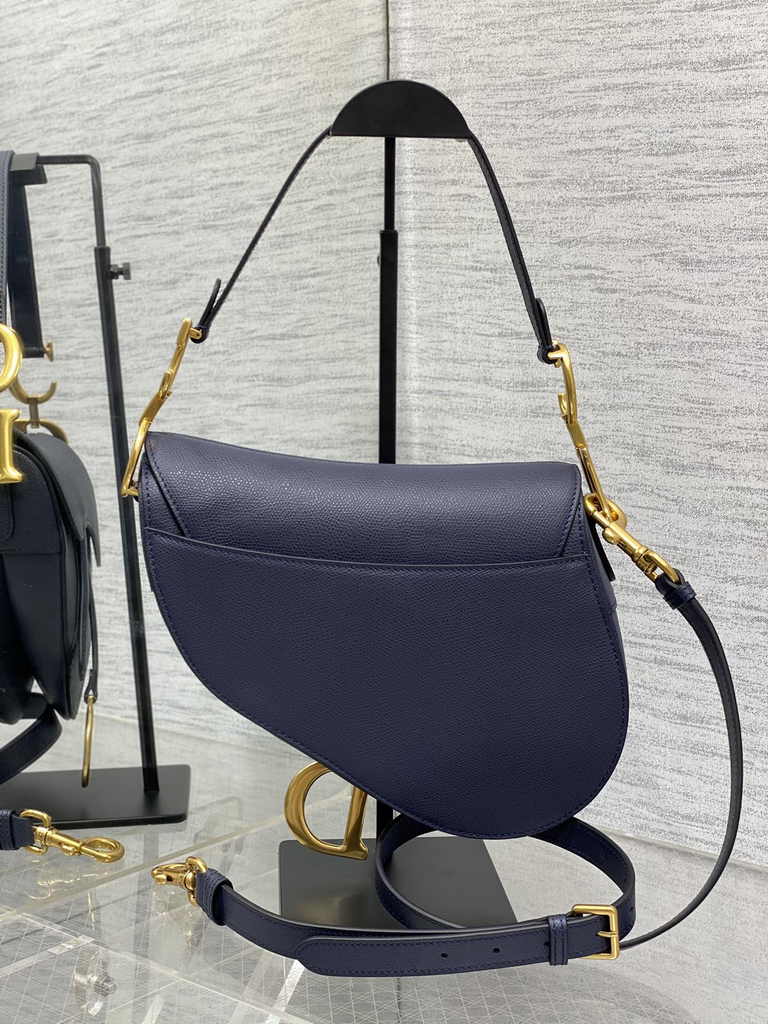 Dior Saddle Bag with Strap M0455 Navy Blue Grained Calfskin