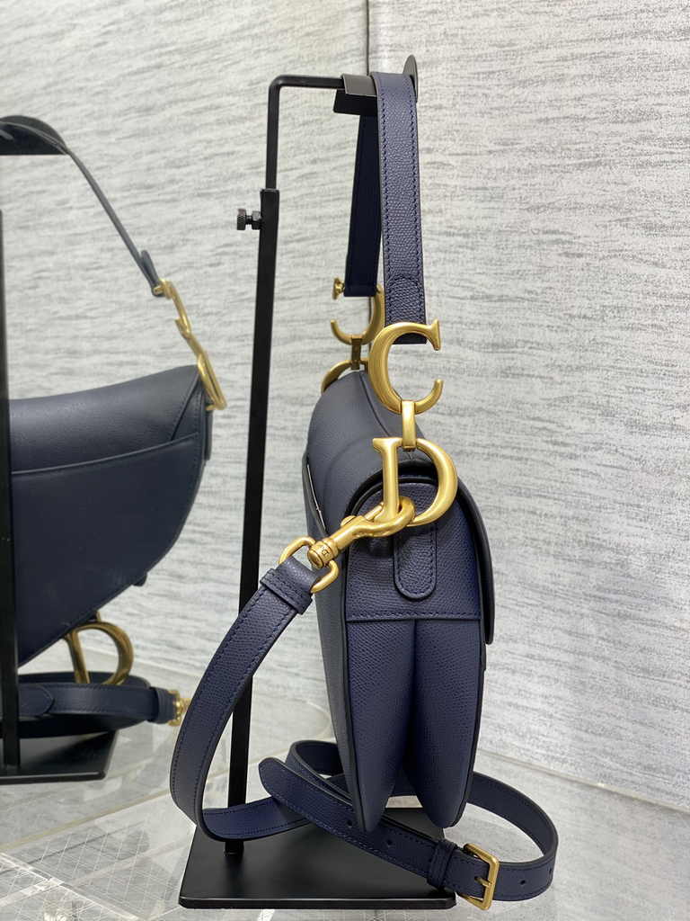 Dior Saddle Bag with Strap M0455 Navy Blue Grained Calfskin