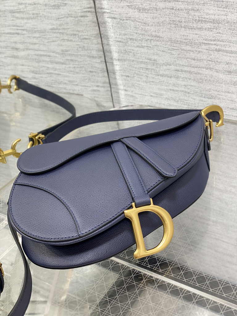 Dior Saddle Bag with Strap M0455 Navy Blue Grained Calfskin