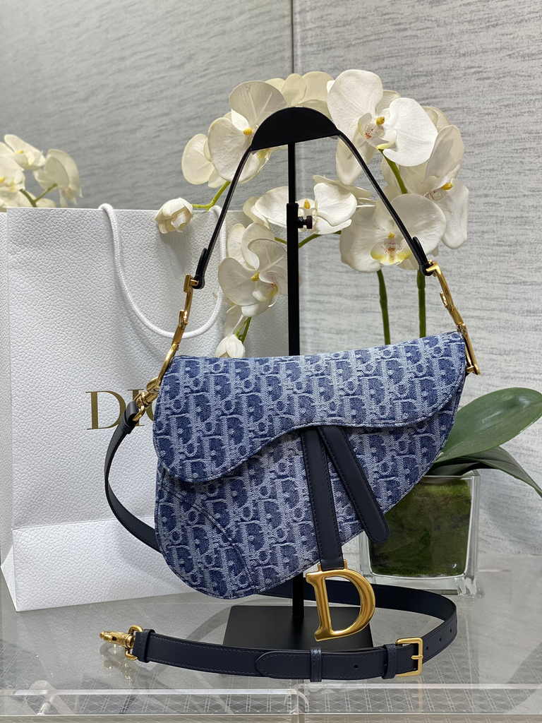 Dior Saddle Bag with Strap M0455 Blue Denim Dior Oblique Jacquard