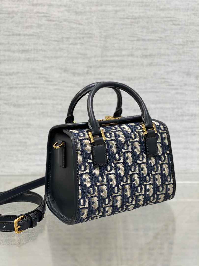 Dior Small Boston Bag M9567 Blue Dior Oblique Embroidery and Smooth Calfskin - Default Title - View 3