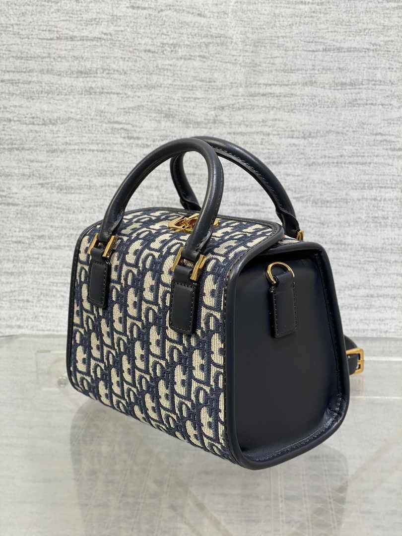 Dior Small Boston Bag M9567 Blue Dior Oblique Embroidery and Smooth Calfskin - Default Title - View 4