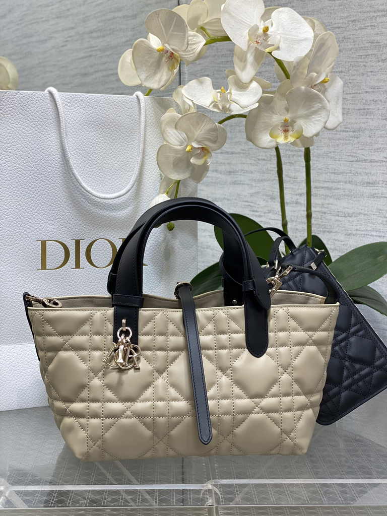 Small Dior Toujours Bag M2822 Beige black Macrocannage Crinkled Calfskin - Default Title - View 1