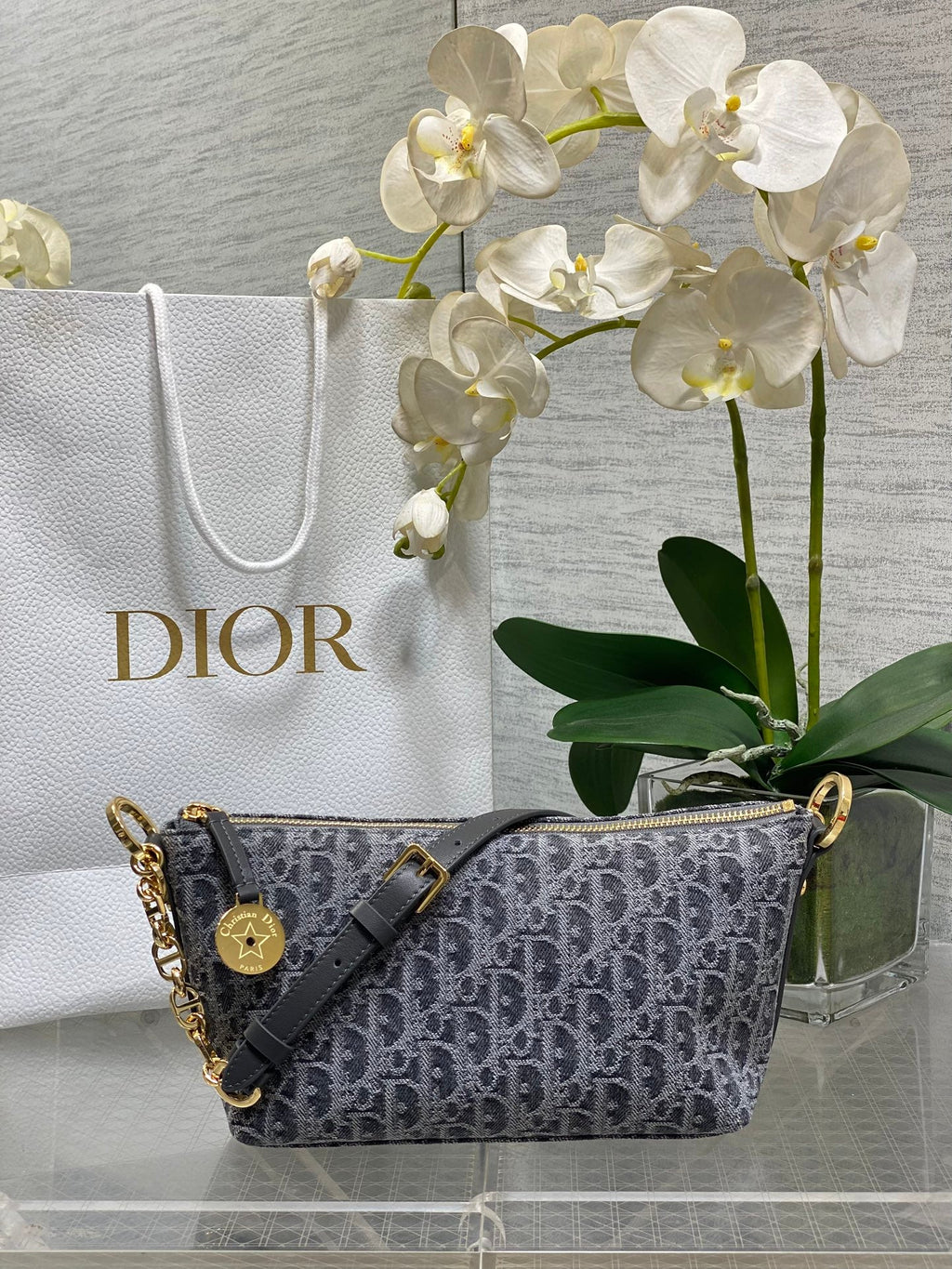 Diorstar Hobo Bag with Chain -S3202 - Gray Denim Oblique Jacquard - Default Title - View 1