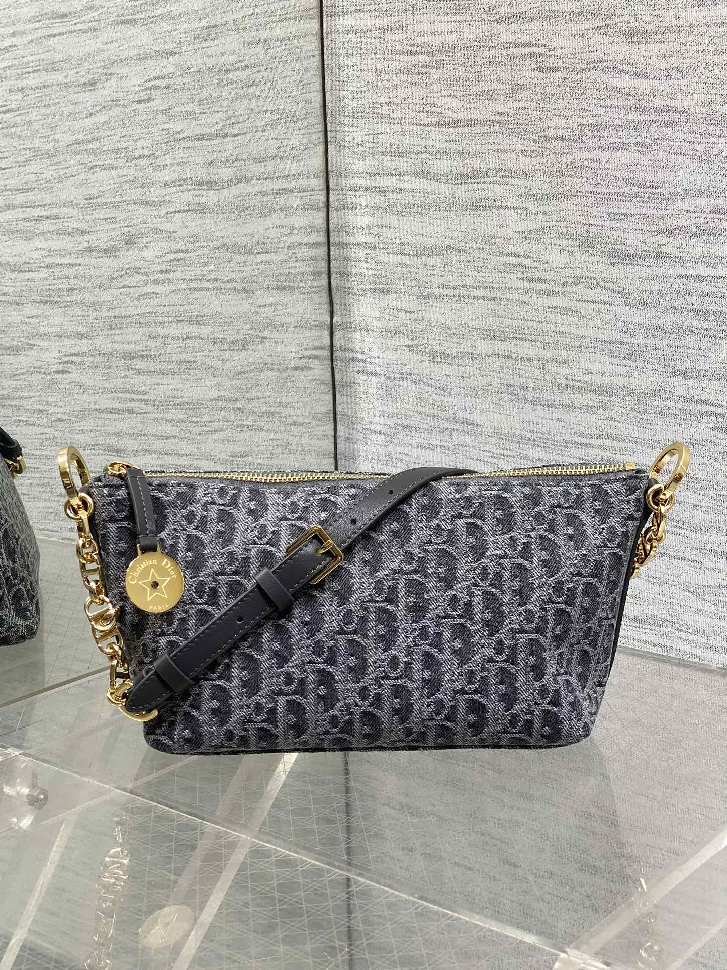 Diorstar Hobo Bag with Chain -S3202 - Gray Denim Oblique Jacquard - Default Title - View 2