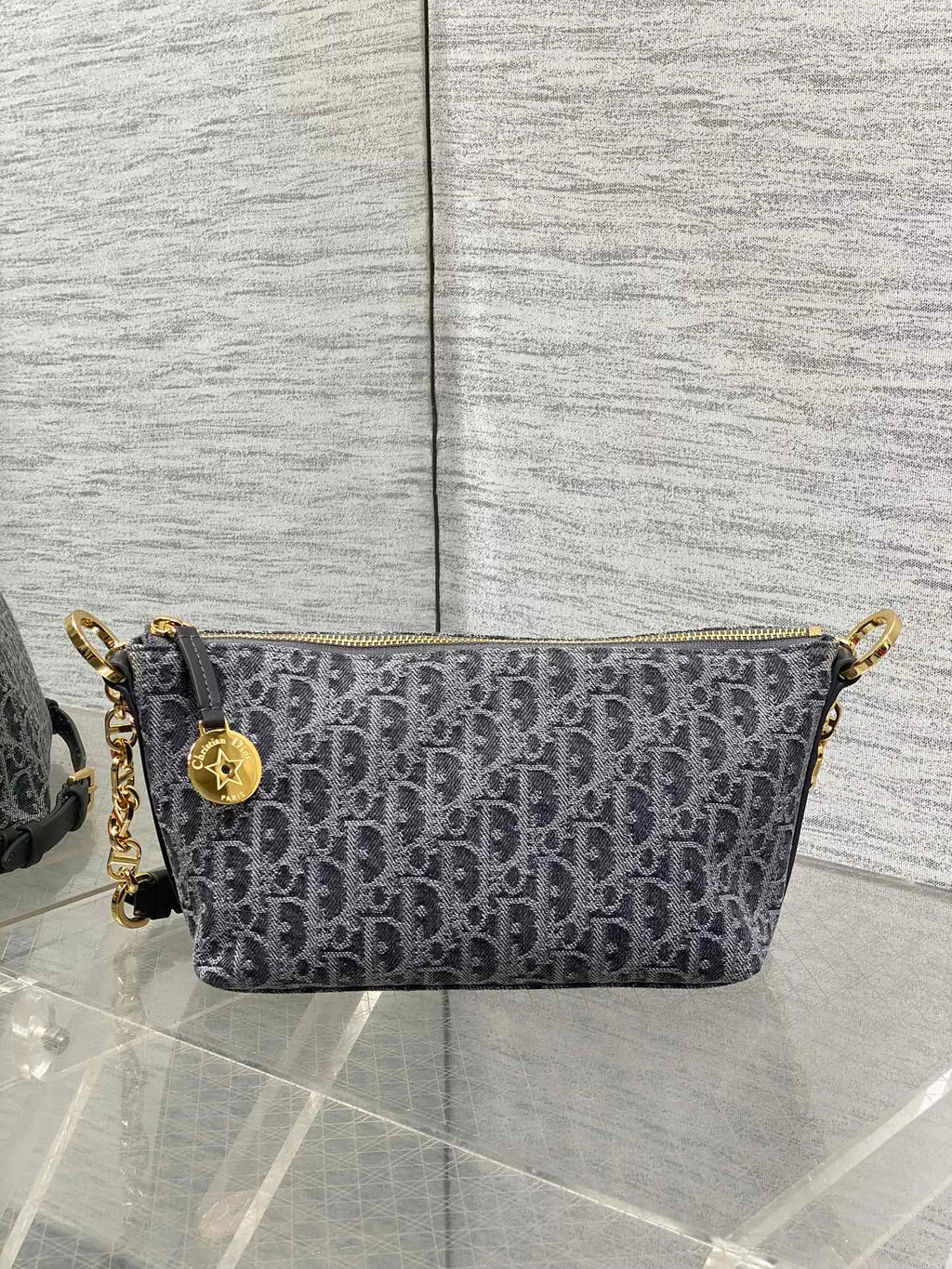 Diorstar Hobo Bag with Chain -S3202 - Gray Denim Oblique Jacquard - Default Title - View 3