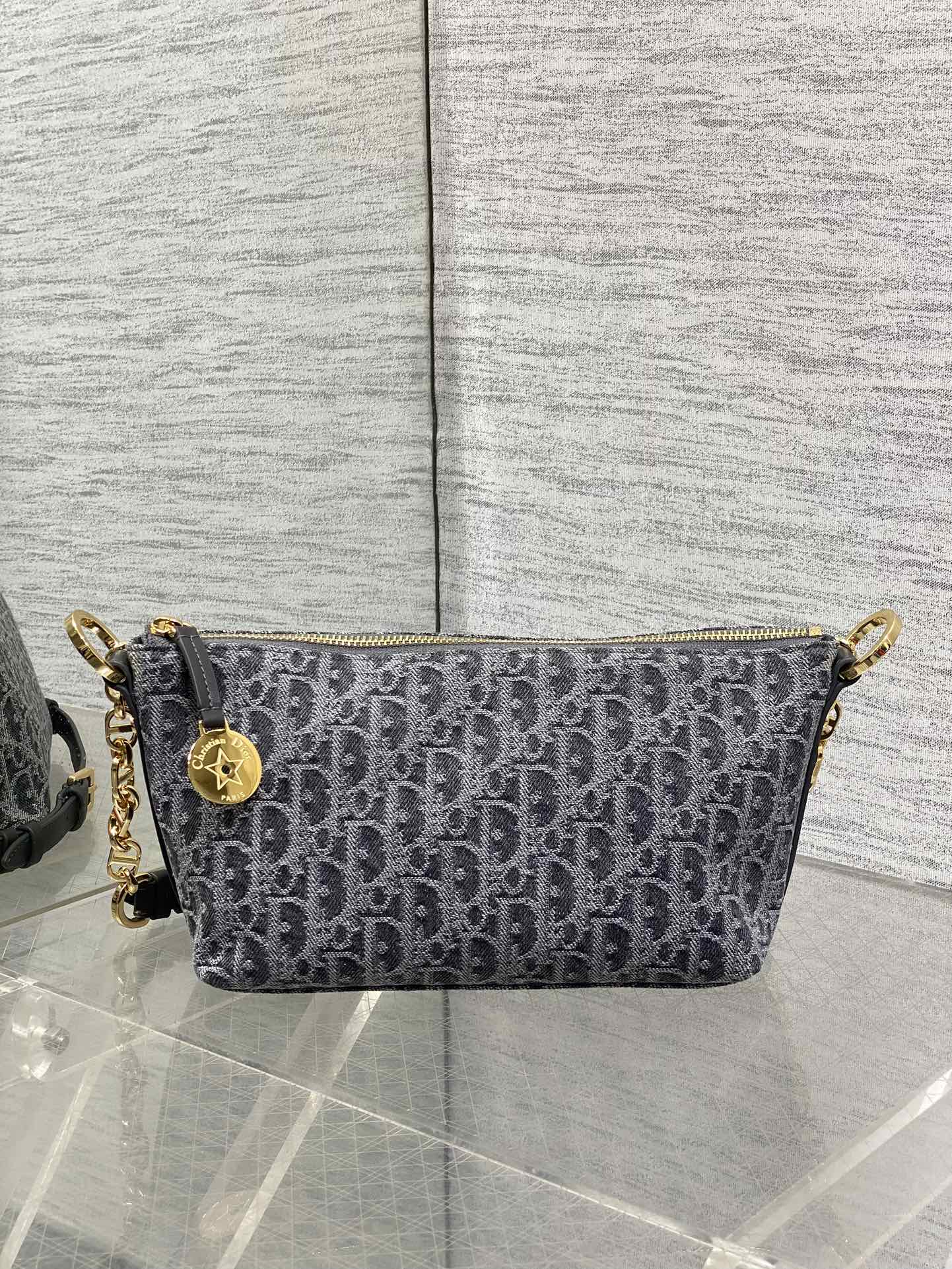 Diorstar Hobo Bag with Chain -S3202 - Gray Denim Oblique Jacquard - Default Title - View 3