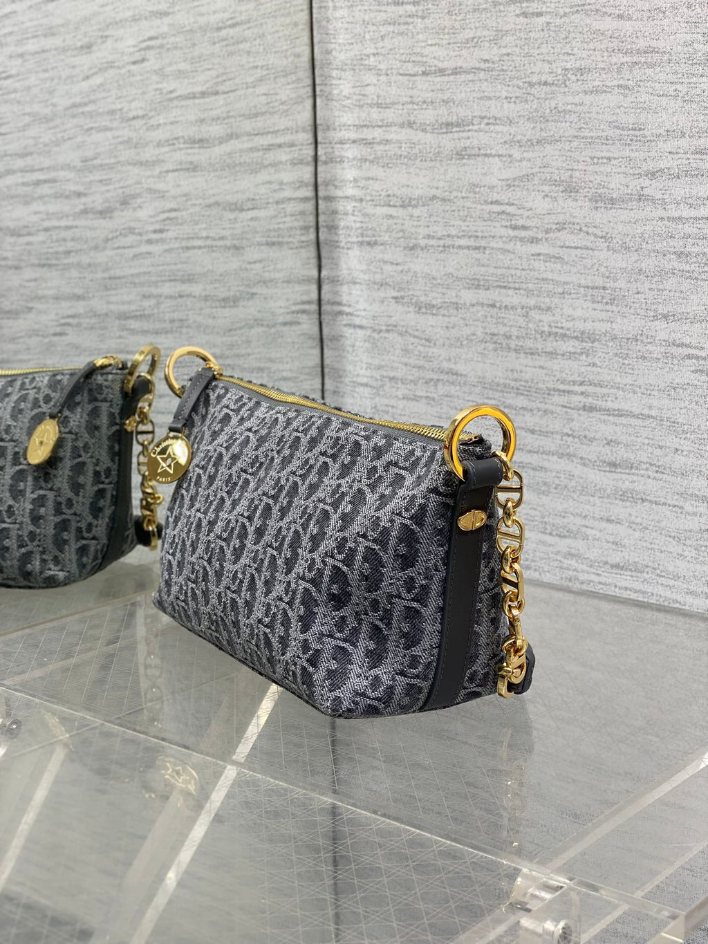 Diorstar Hobo Bag with Chain -S3202 - Gray Denim Oblique Jacquard - Default Title - View 5