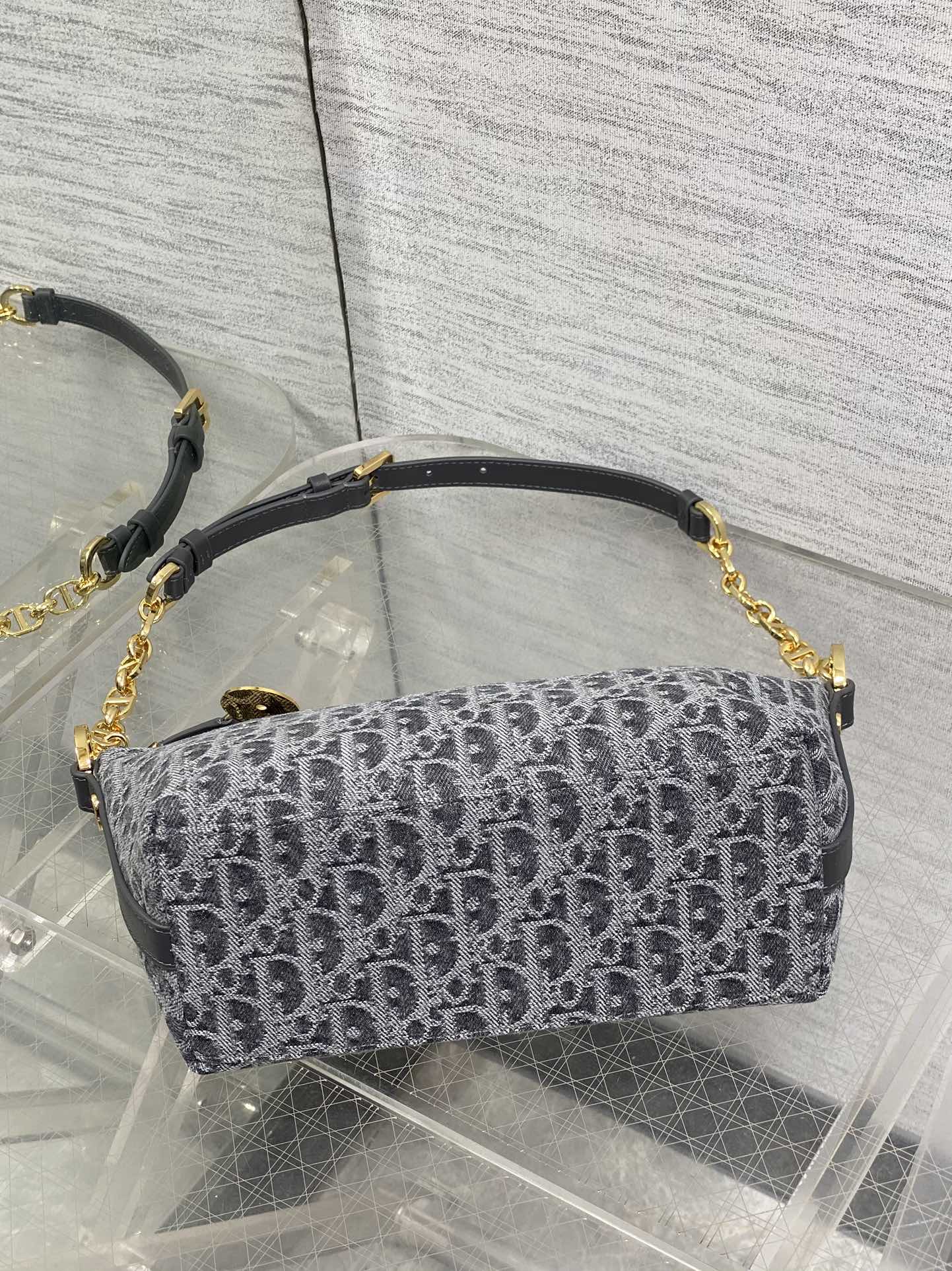 Diorstar Hobo Bag with Chain -S3202 - Gray Denim Oblique Jacquard - Default Title - View 8