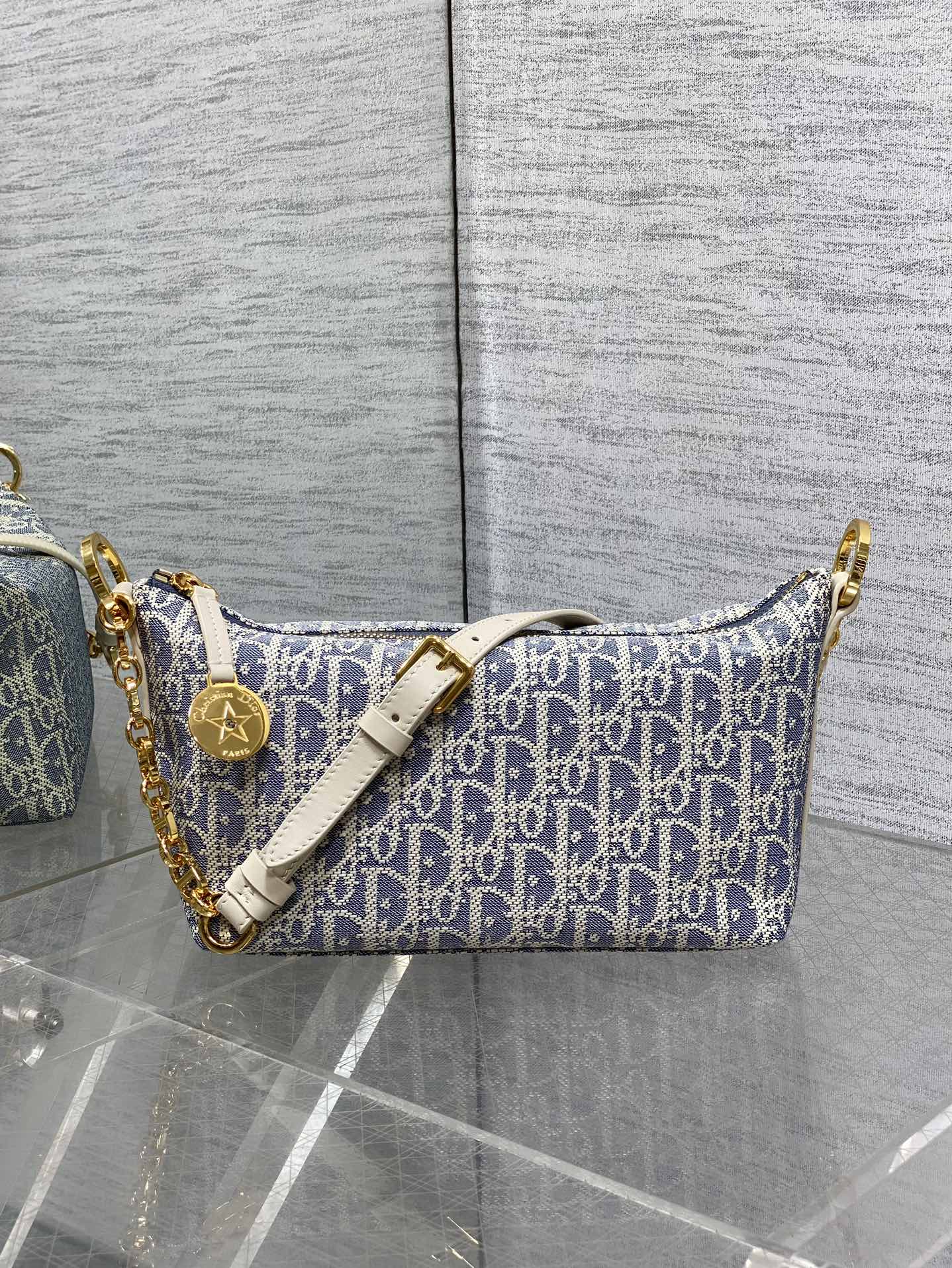 Diorstar Hobo Bag with Chain -S3202 - White Blue Dior Oblique Jacquard - Default Title - View 2