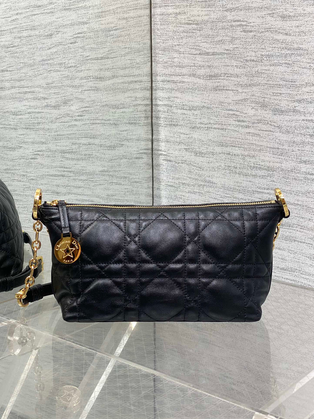 Diorstar Hobo Bag with Chain -S3202 - Black Macrocannage Lambskin - Default Title - View 3