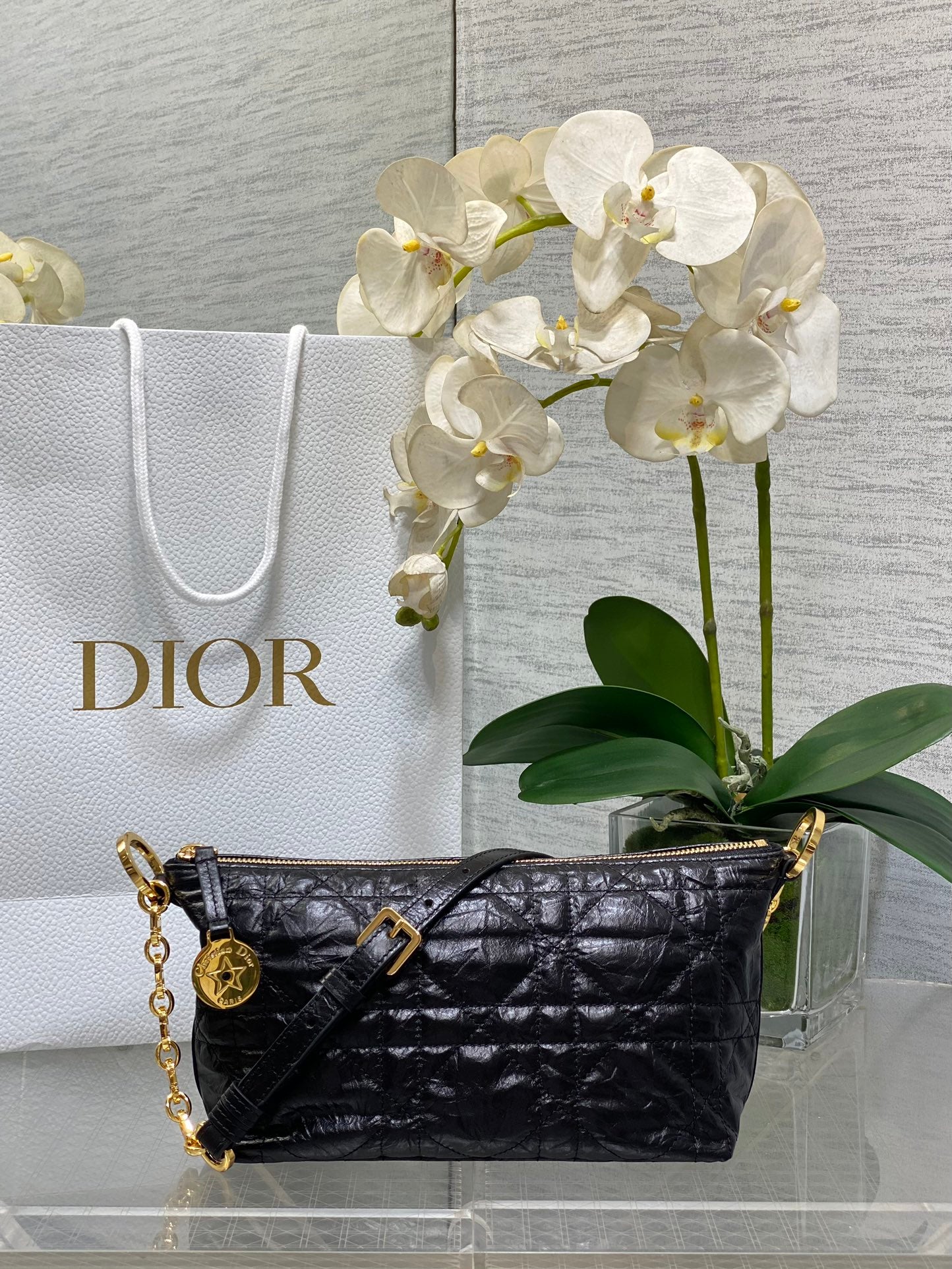 Diorstar Hobo Bag with Chain -S3202 - Black Macrocannage Crinkled Calfskin - Default Title - View 1