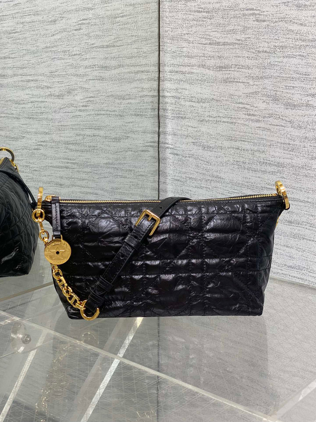 Diorstar Hobo Bag with Chain -S3202 - Black Macrocannage Crinkled Calfskin - Default Title - View 2