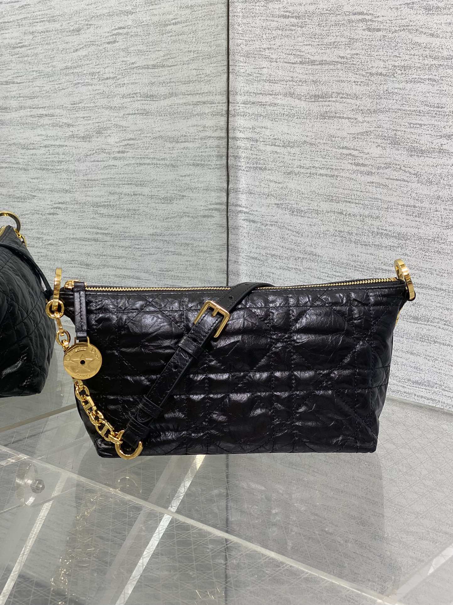 Diorstar Hobo Bag with Chain -S3202 - Black Macrocannage Crinkled Calfskin - Default Title - View 2