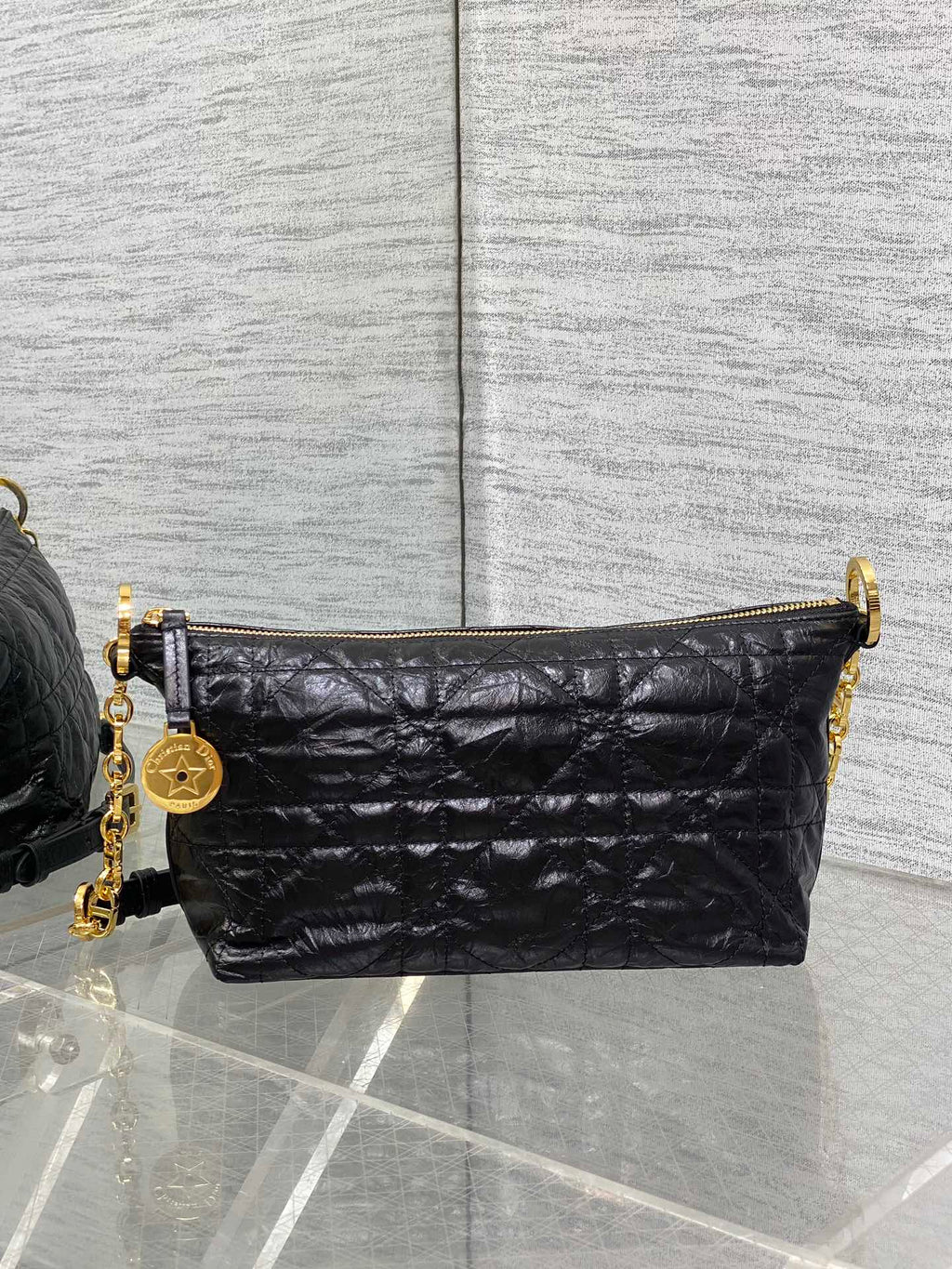 Diorstar Hobo Bag with Chain -S3202 - Black Macrocannage Crinkled Calfskin - Default Title - View 3