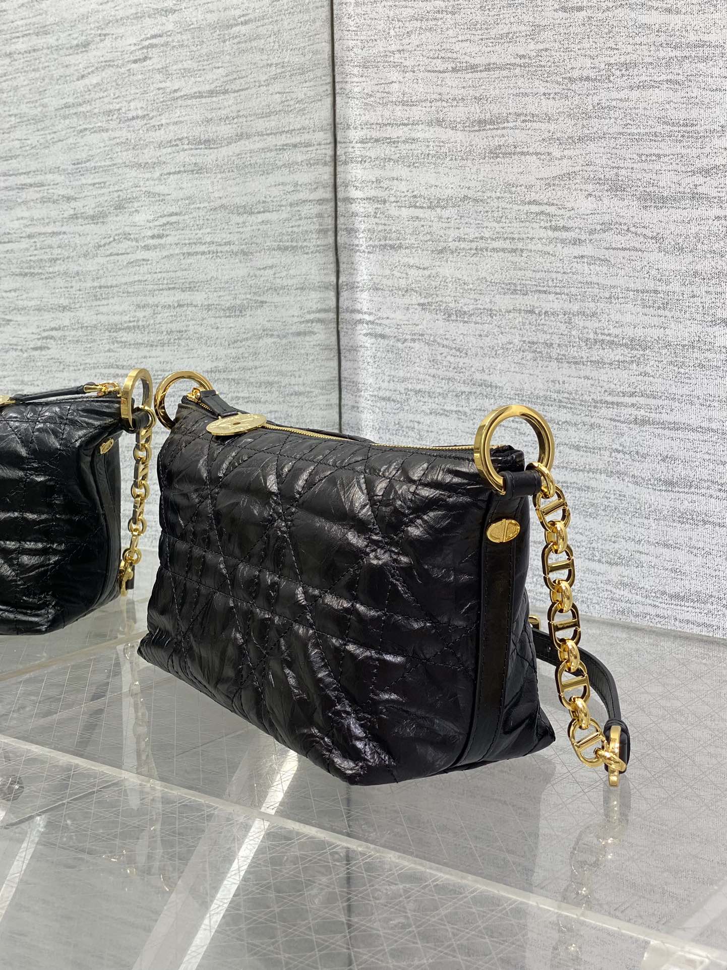 Diorstar Hobo Bag with Chain -S3202 - Black Macrocannage Crinkled Calfskin - Default Title - View 5