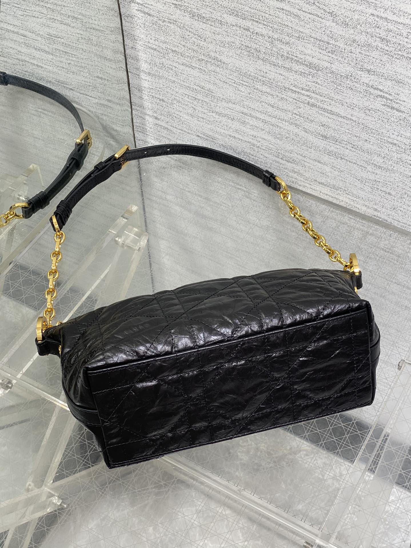 Diorstar Hobo Bag with Chain -S3202 - Black Macrocannage Crinkled Calfskin - Default Title - View 8