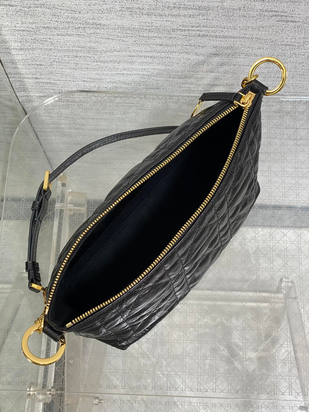 Diorstar Hobo Bag with Chain -S3202 - Black Macrocannage Crinkled Calfskin - Default Title - View 9