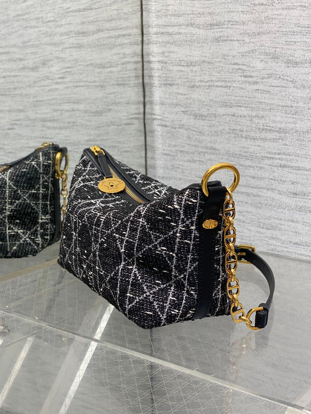 Diorstar Hobo Bag with Chain -S3202 - Black Caro Tweed - Default Title - View 5