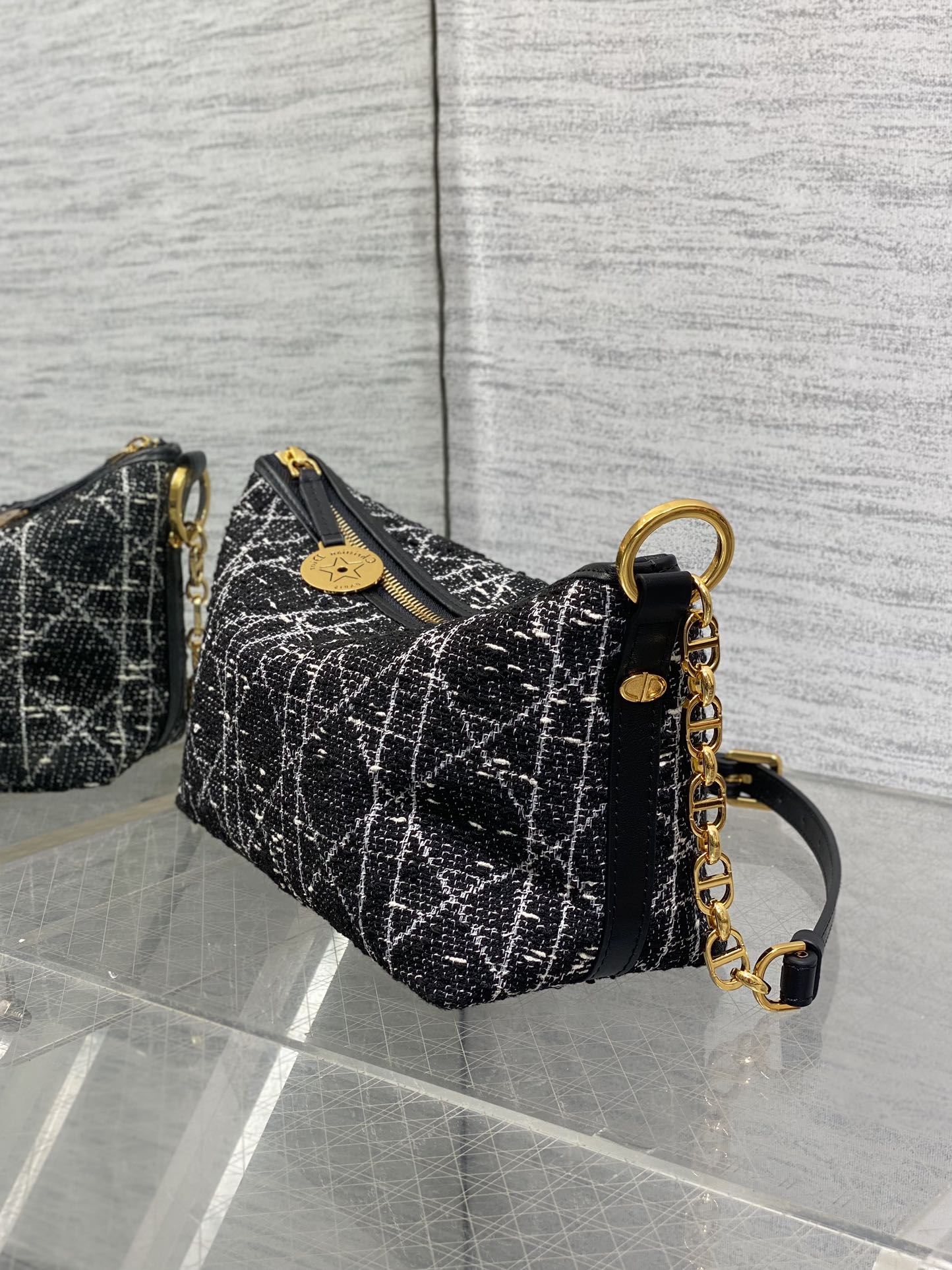 Diorstar Hobo Bag with Chain -S3202 - Black Caro Tweed - Default Title - View 5