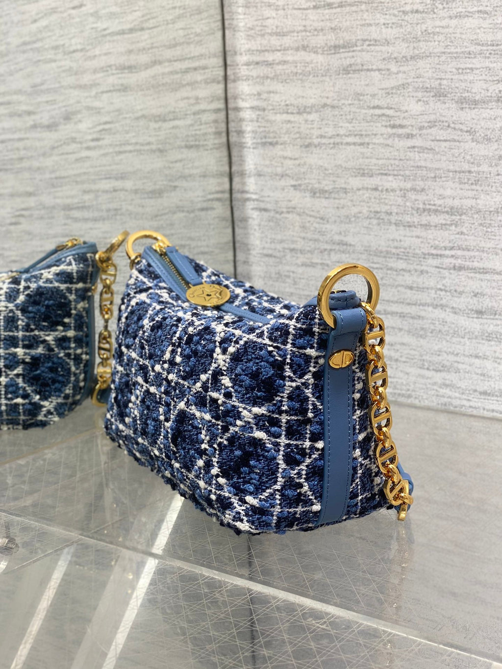 Diorstar Hobo Bag with Chain -S3202 - Blue Caro Tweed - Default Title - View 5