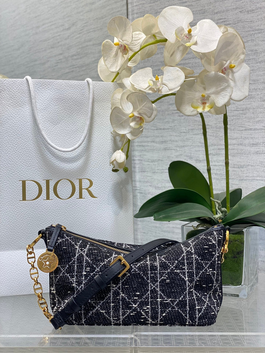 Diorstar Hobo Bag with Chain -S3202 - Black Caro Tweed - Default Title - View 1