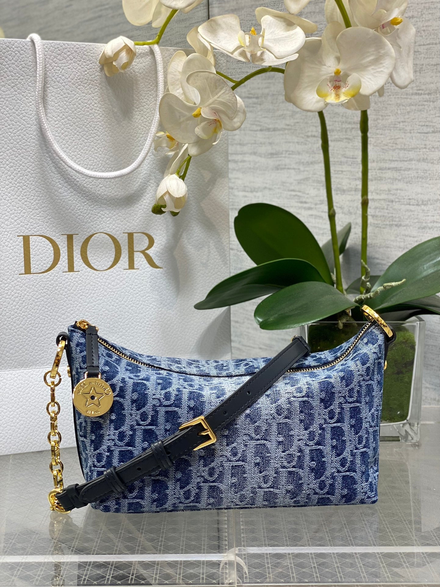 Diorstar Hobo Bag with Chain -S3202 - Blue Denim Oblique Jacquard - Default Title - View 1