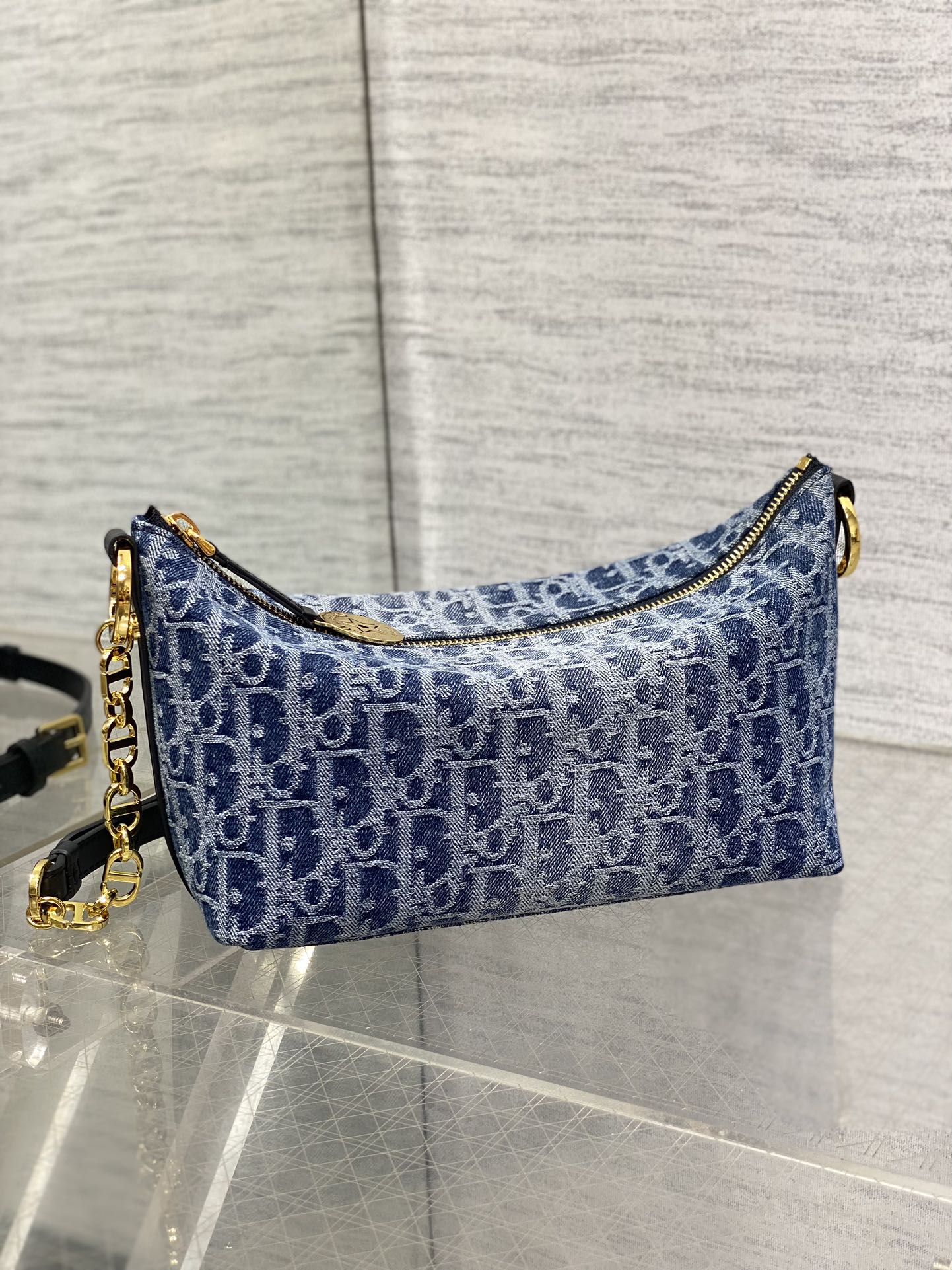 Diorstar Hobo Bag with Chain -S3202 - Blue Denim Oblique Jacquard - Default Title - View 3
