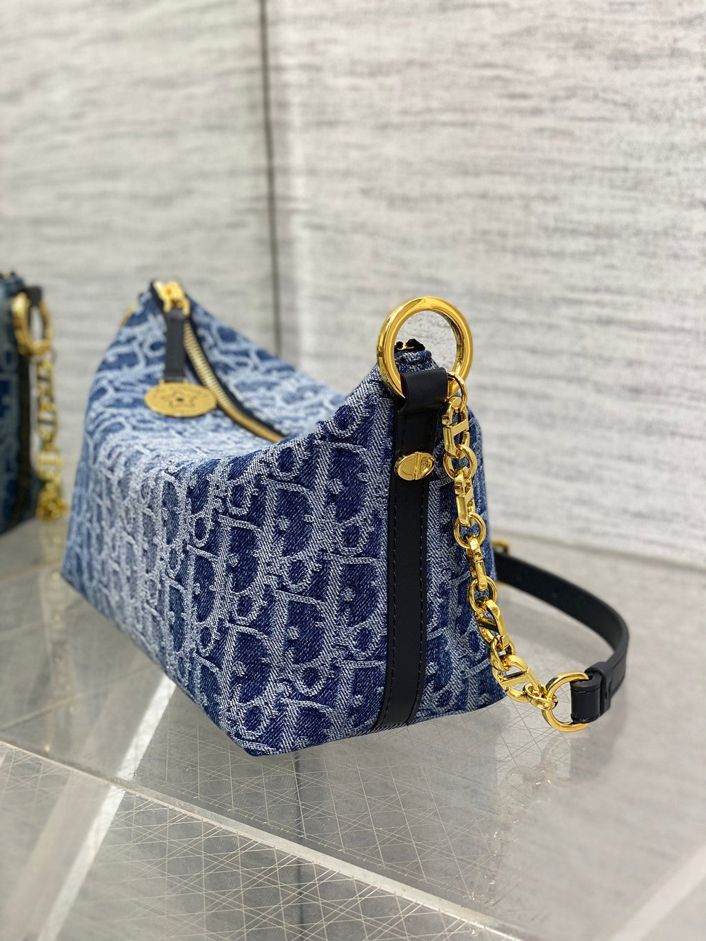 Diorstar Hobo Bag with Chain -S3202 - Blue Denim Oblique Jacquard - Default Title - View 5