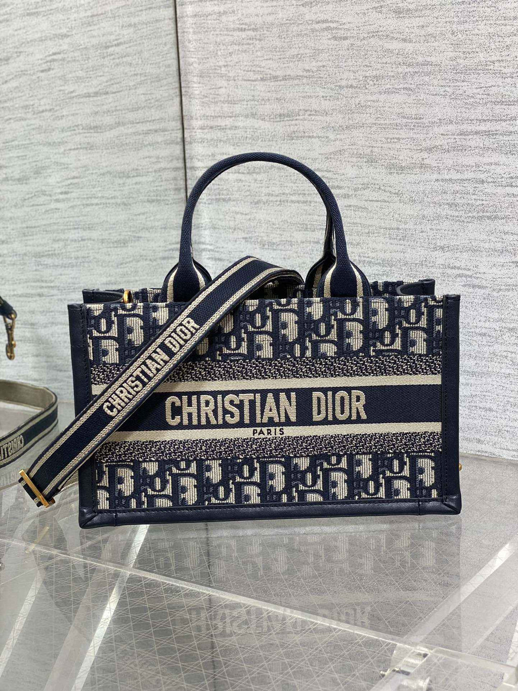 East-West Dior Book Tote with strap M1326 Blue Dior Oblique Embroidery