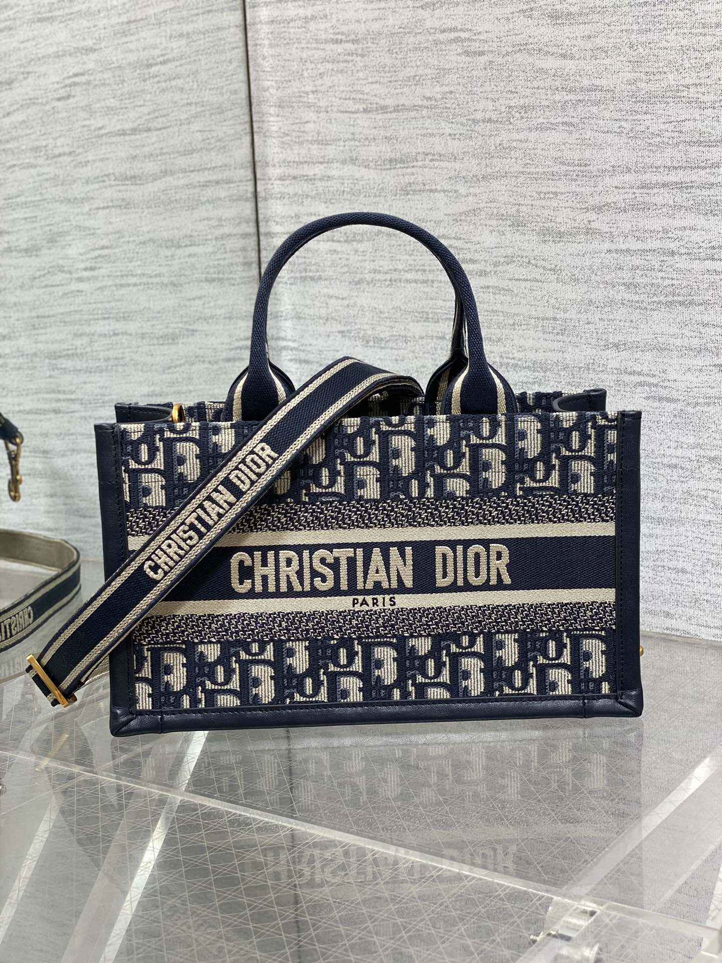 East-West Dior Book Tote with strap M1326 Blue Dior Oblique Embroidery