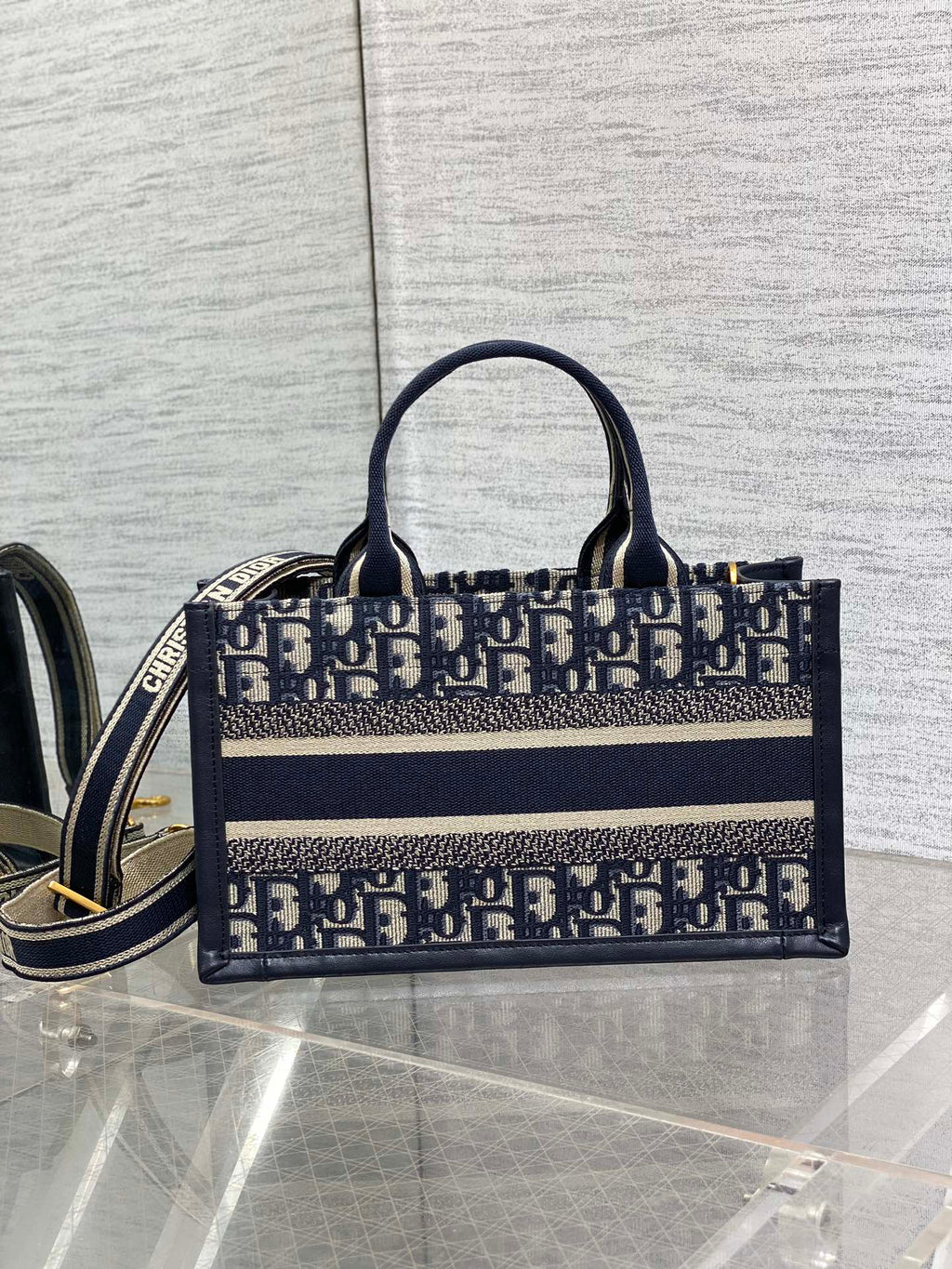 East-West Dior Book Tote with strap M1326 Blue Dior Oblique Embroidery
