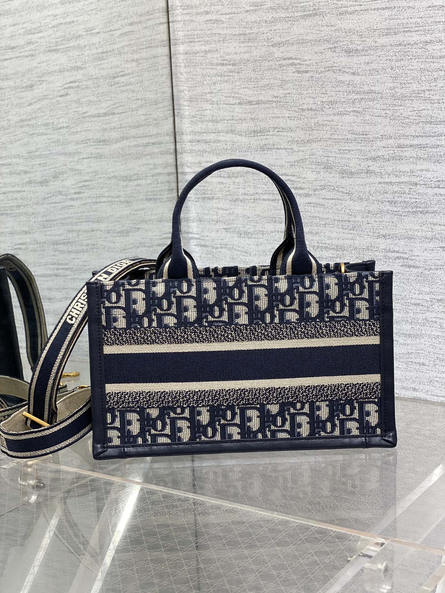 East-West Dior Book Tote with strap M1326 Blue Dior Oblique Embroidery