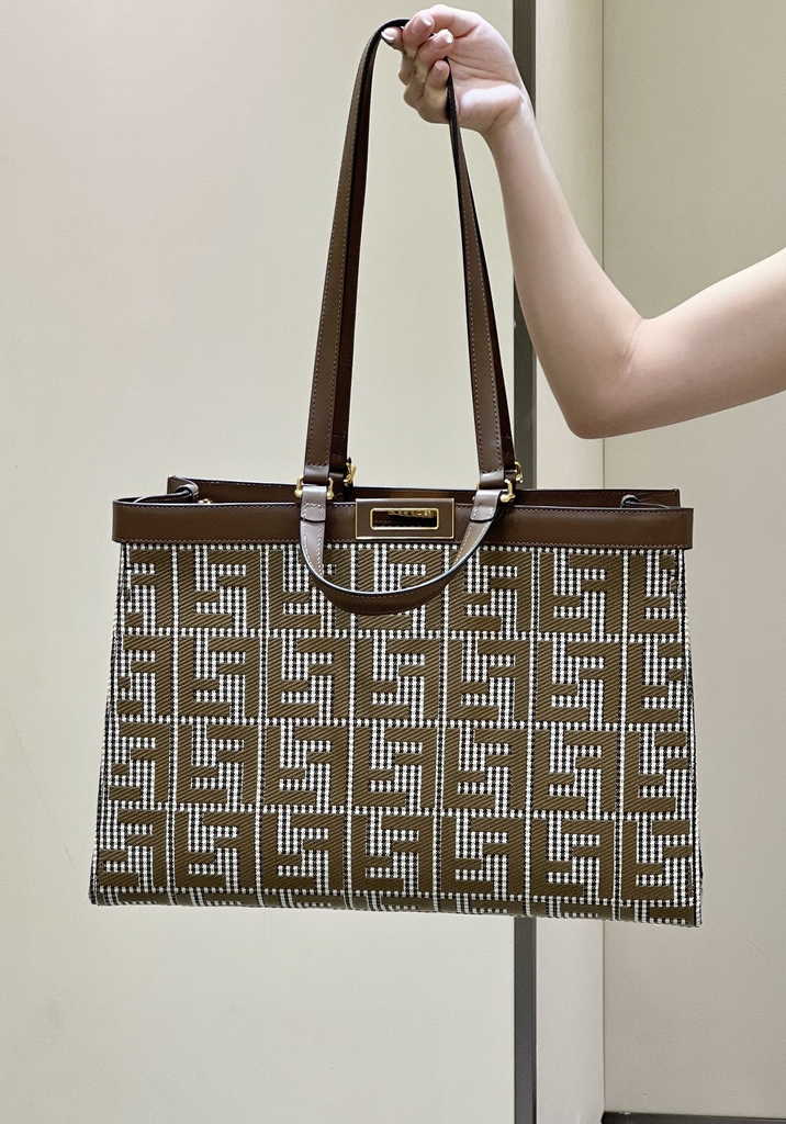 Fendi 8BH374 X-Tote Brown houndstooth wool shopper with FF embroidery - Default Title - View 2