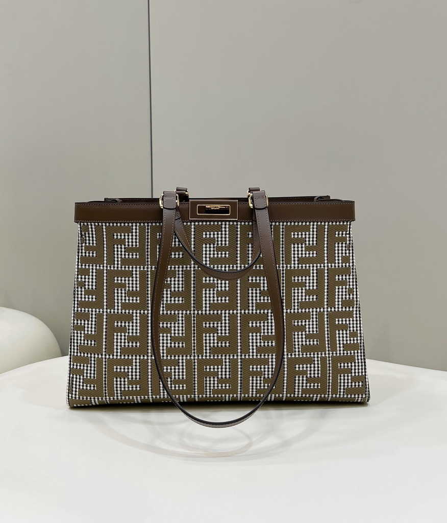 Fendi 8BH374 X-Tote Brown houndstooth wool shopper with FF embroidery - Default Title - View 1