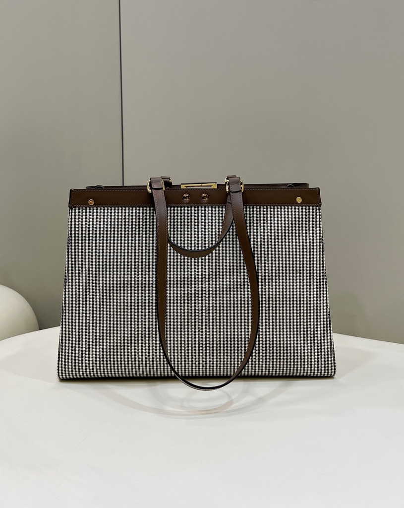 Fendi 8BH374 X-Tote Brown houndstooth wool shopper with FF embroidery - Default Title - View 3