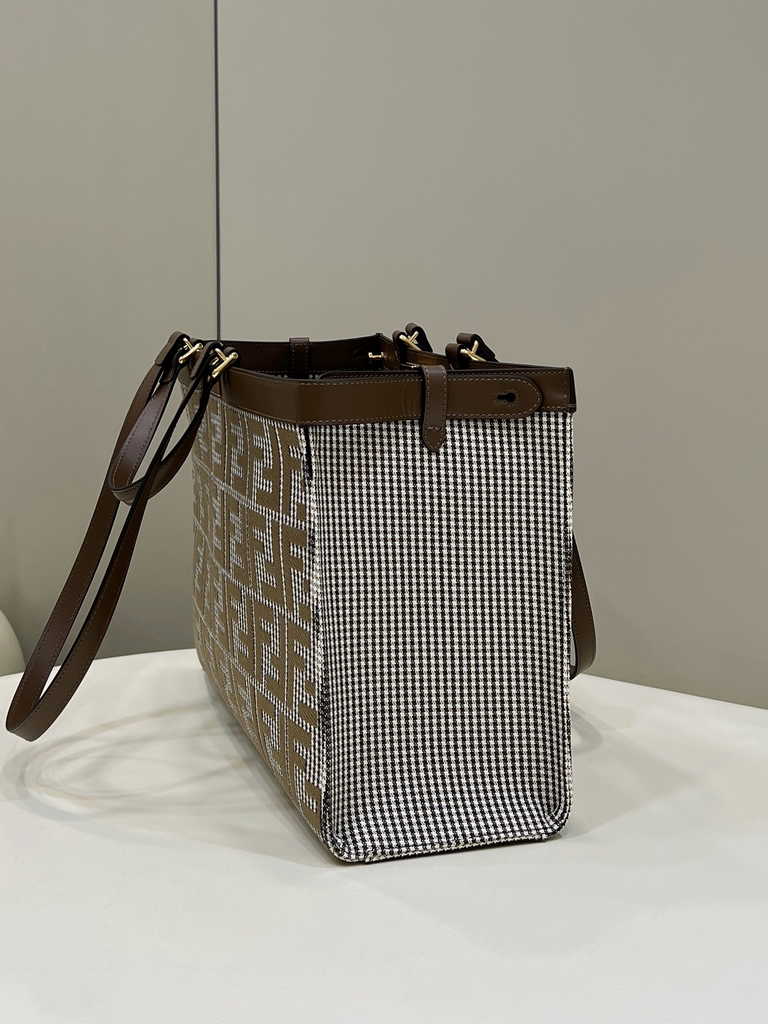 Fendi 8BH374 X-Tote Brown houndstooth wool shopper with FF embroidery - Default Title - View 4