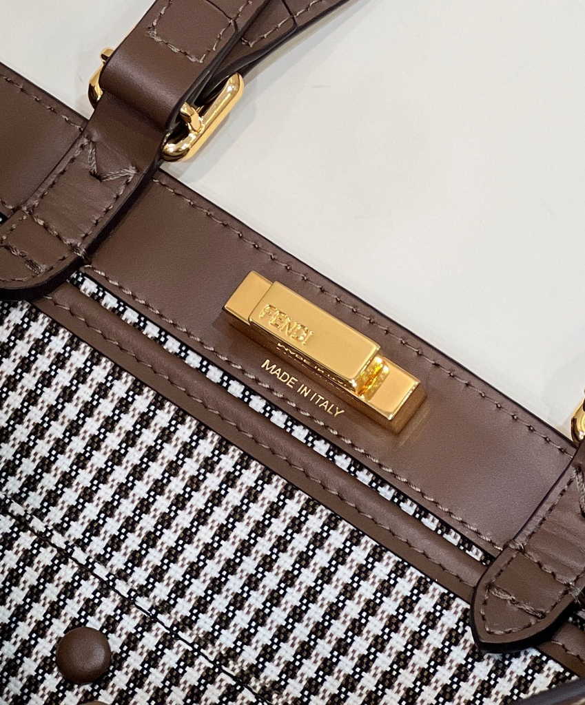 Fendi 8BH374 X-Tote Brown houndstooth wool shopper with FF embroidery - Default Title - View 7
