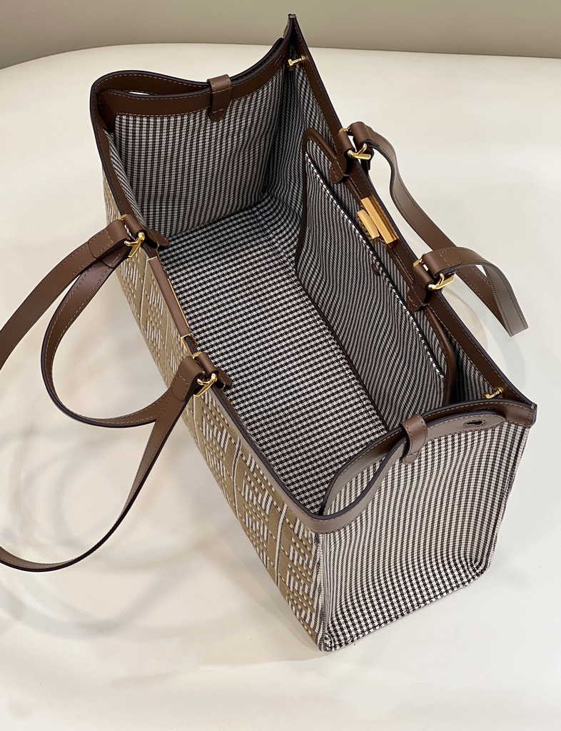Fendi 8BH374 X-Tote Brown houndstooth wool shopper with FF embroidery - Default Title - View 10