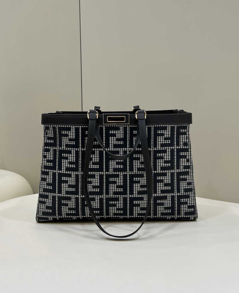 Fendi 8BH374 X-Tote Gray houndstooth wool shopper with FF embroidery - Default Title - View 2