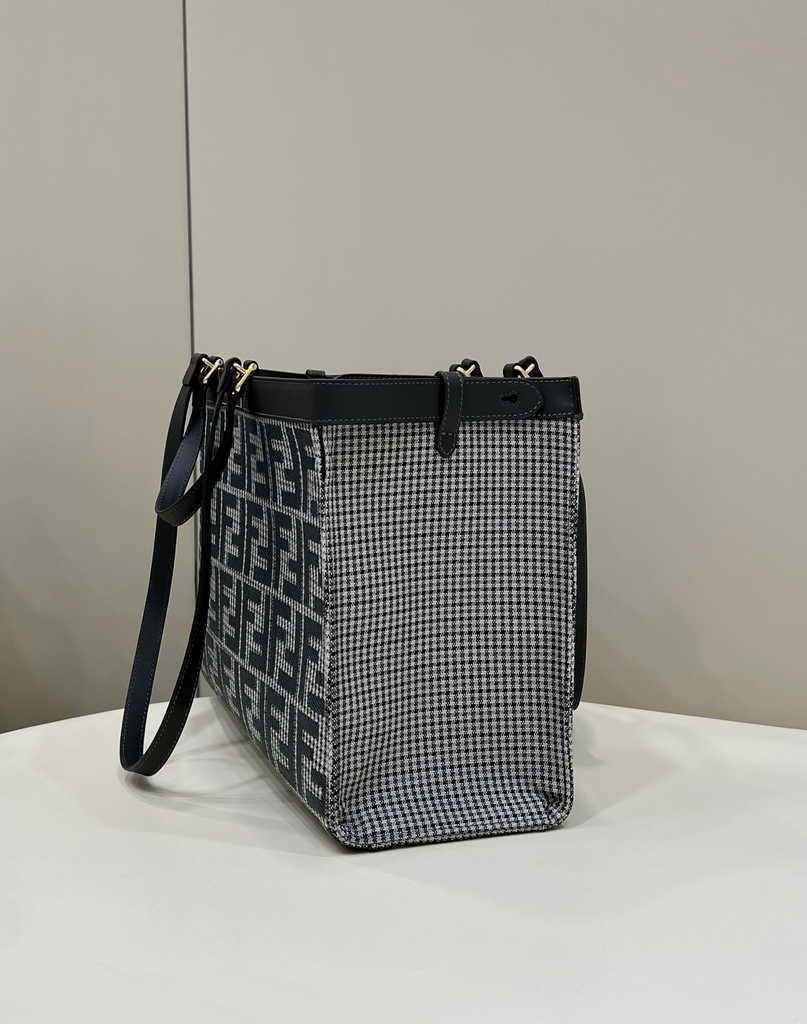 Fendi 8BH374 X-Tote Gray houndstooth wool shopper with FF embroidery - Default Title - View 5