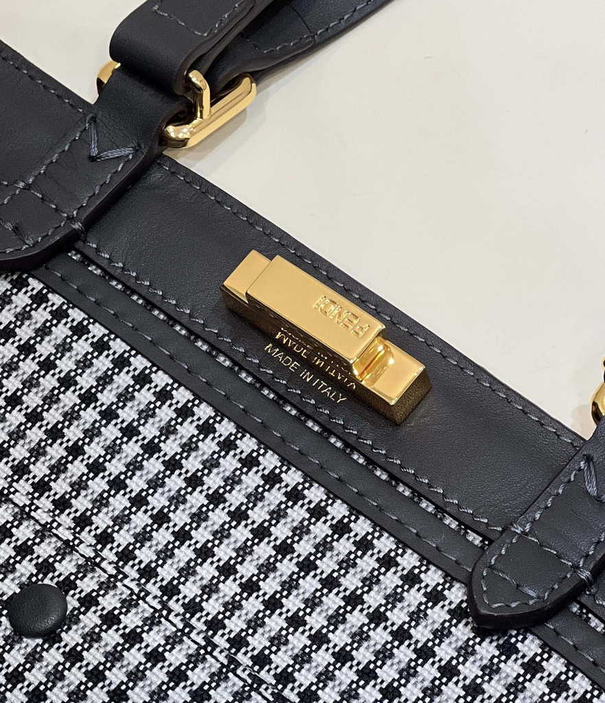 Fendi 8BH374 X-Tote Gray houndstooth wool shopper with FF embroidery - Default Title - View 8