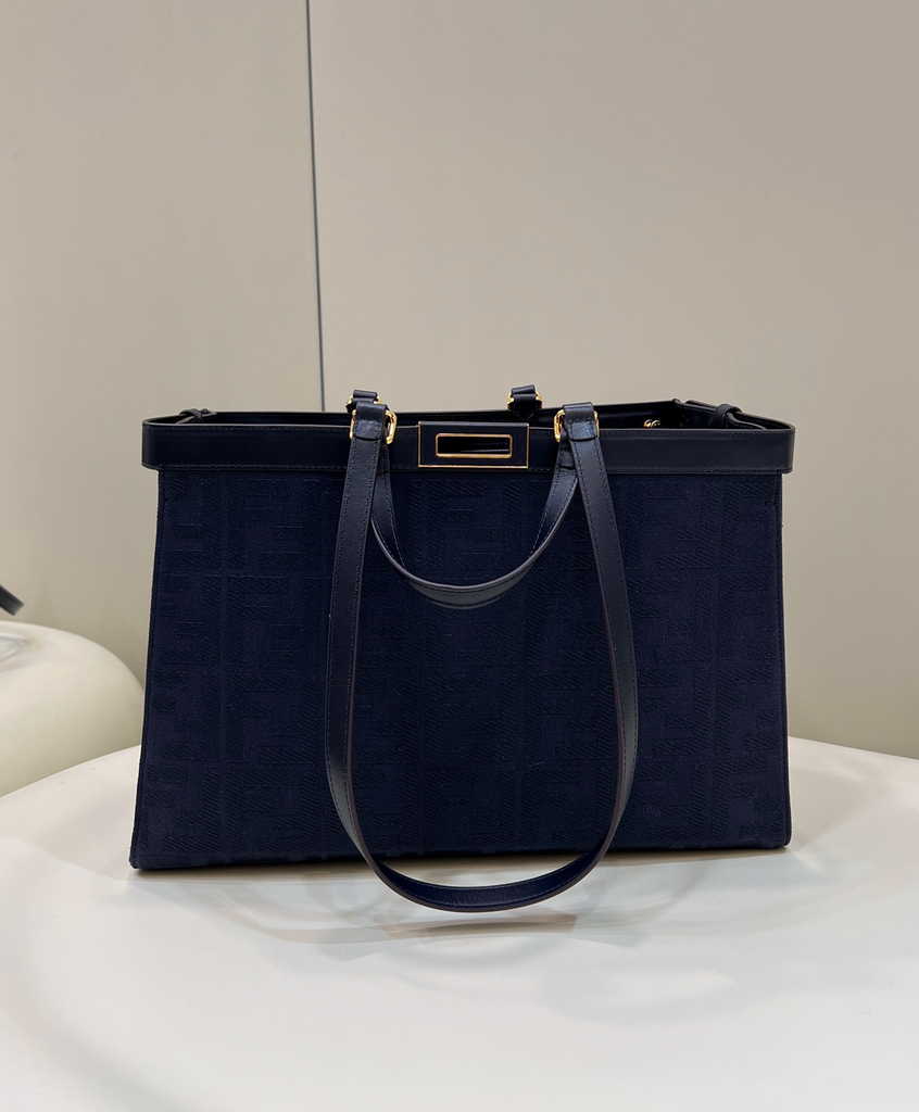 Fendi 8BH374 X-Tote Navy Blue canvas shopper with FF embroidery - Default Title - View 1