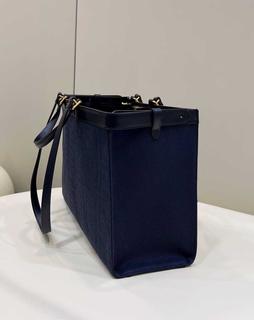 Fendi 8BH374 X-Tote Navy Blue canvas shopper with FF embroidery - Default Title - View 3